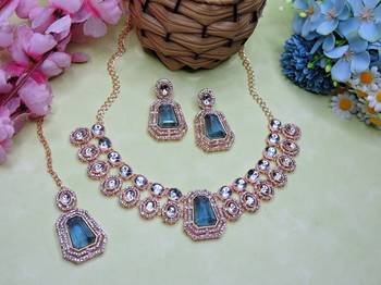 Blue rose gold premium designer american diamond and stone work necklace set 2