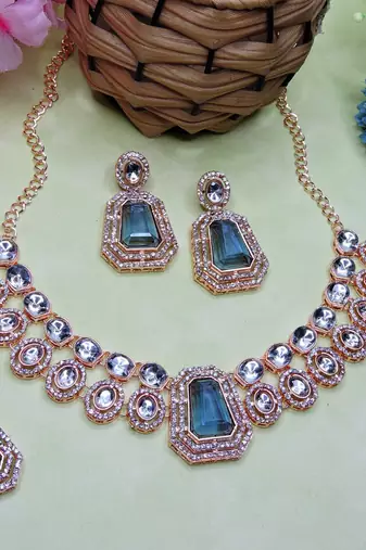 Blue rose gold premium designer american diamond and stone work necklace set