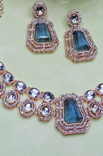 Blue rose gold premium designer american diamond and stone work necklace set