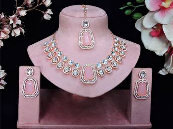 Pink rose gold premium designer american diamond and stone work necklace set 1