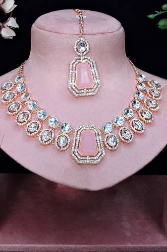 Pink rose gold premium designer american diamond and stone work necklace set