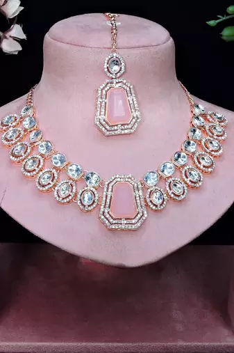Pink rose gold premium designer american diamond and stone work necklace set