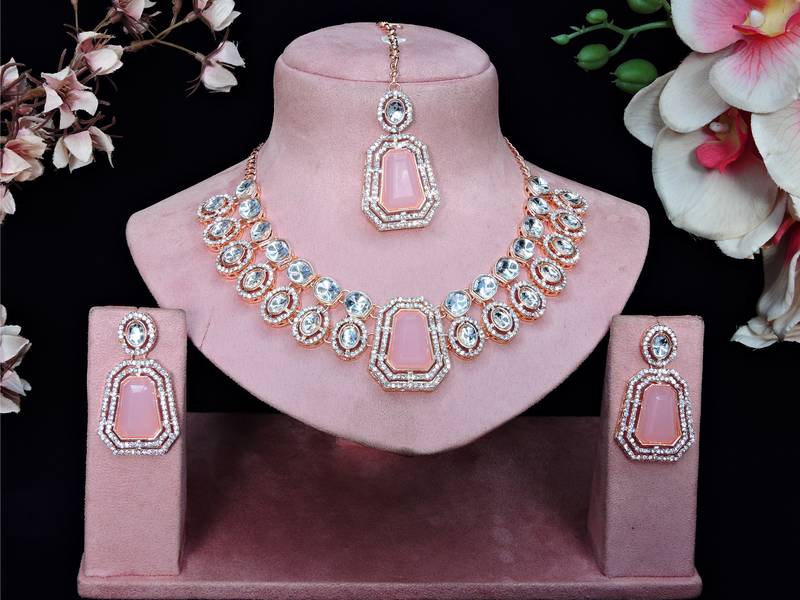 Pink rose gold premium designer american diamond and stone work necklace set