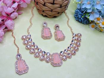 Pink rose gold premium designer american diamond and stone work necklace set 2