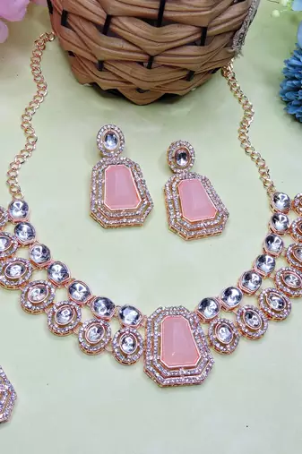 Pink rose gold premium designer american diamond and stone work necklace set