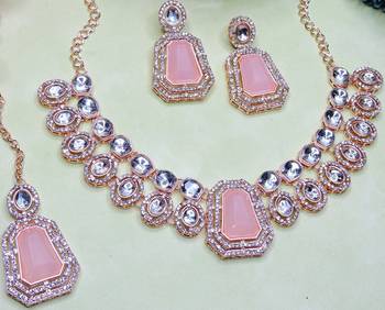 Pink rose gold premium designer american diamond and stone work necklace set 3