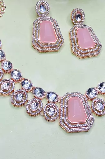 Pink rose gold premium designer american diamond and stone work necklace set