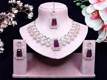 Purple rose gold premium designer american diamond and stone work necklace set 1