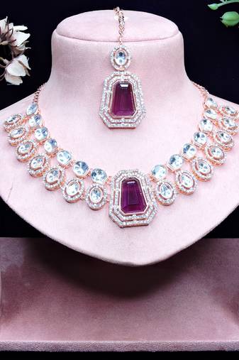 Purple rose gold premium designer american diamond and stone work necklace set
