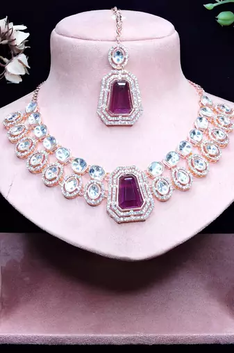 Purple rose gold premium designer american diamond and stone work necklace set