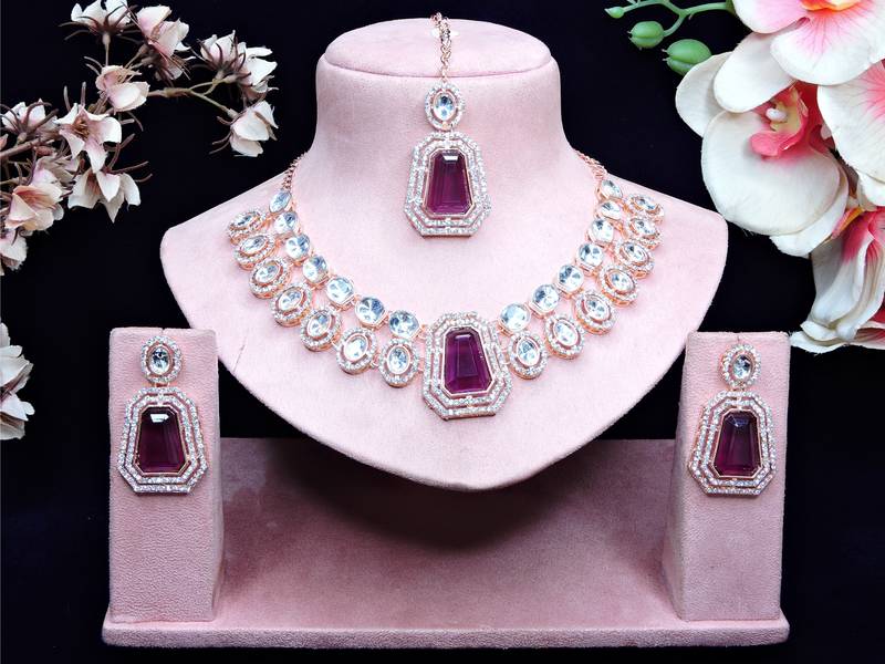Purple rose gold premium designer american diamond and stone work necklace set