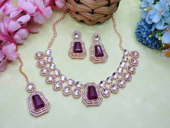 Purple rose gold premium designer american diamond and stone work necklace set 2