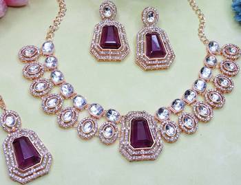 Purple rose gold premium designer american diamond and stone work necklace set 3