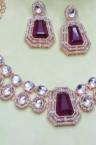Purple rose gold premium designer american diamond and stone work necklace set