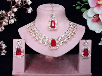 Pink rose gold premium designer american diamond and stone work necklace set 1