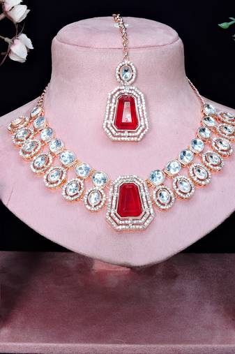 Pink rose gold premium designer american diamond and stone work necklace set