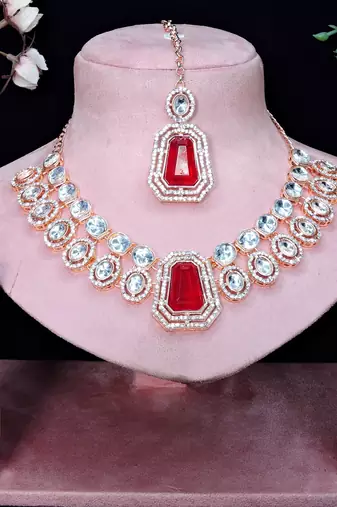 Pink rose gold premium designer american diamond and stone work necklace set
