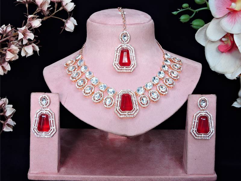 Pink rose gold premium designer american diamond and stone work necklace set