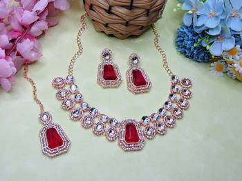 Pink rose gold premium designer american diamond and stone work necklace set 2