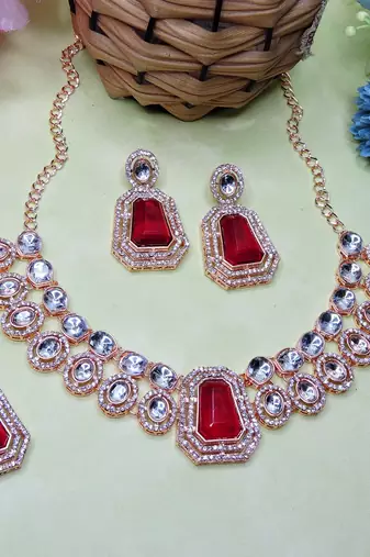 Pink rose gold premium designer american diamond and stone work necklace set