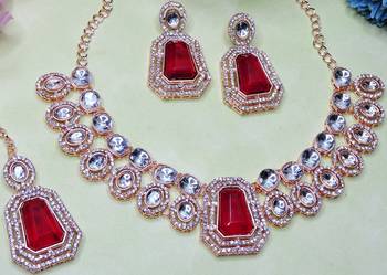 Pink rose gold premium designer american diamond and stone work necklace set 3