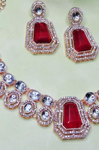 Pink rose gold premium designer american diamond and stone work necklace set