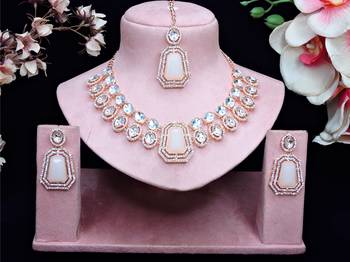 White rose gold premium designer american diamond and stone work necklace set 1