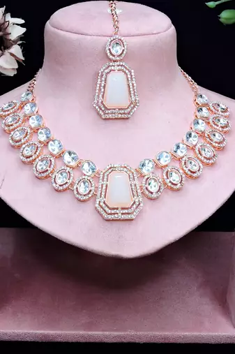 White rose gold premium designer american diamond and stone work necklace set