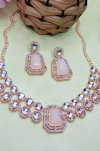 White rose gold premium designer american diamond and stone work necklace set
