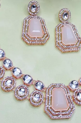 White rose gold premium designer american diamond and stone work necklace set