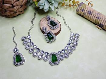 Green rhodium premium designer american diamond and stone work necklace set 1