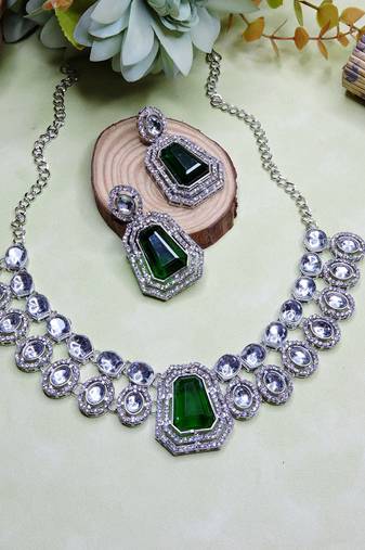 Green rhodium premium designer american diamond and stone work necklace set
