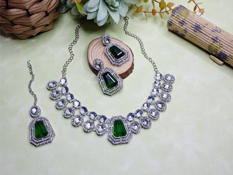 Green rhodium premium designer american diamond and stone work necklace set