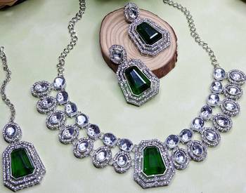 Green rhodium premium designer american diamond and stone work necklace set 2