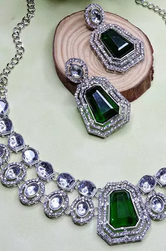 Green rhodium premium designer american diamond and stone work necklace set