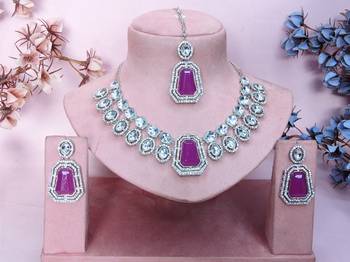 Purple rhodium premium designer american diamond and stone work necklace set 1