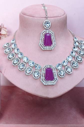 Purple rhodium premium designer american diamond and stone work necklace set