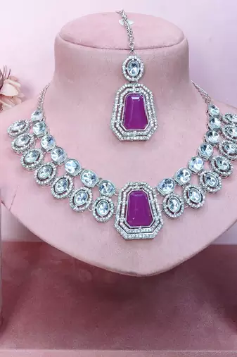 Purple rhodium premium designer american diamond and stone work necklace set