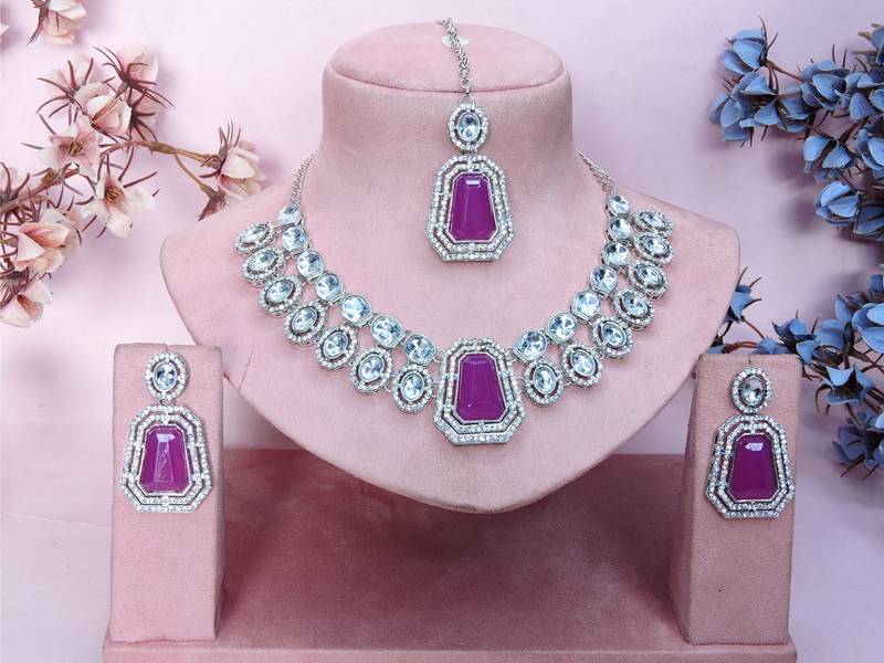 Purple rhodium premium designer american diamond and stone work necklace set