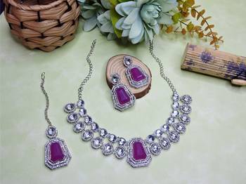 Purple rhodium premium designer american diamond and stone work necklace set 2