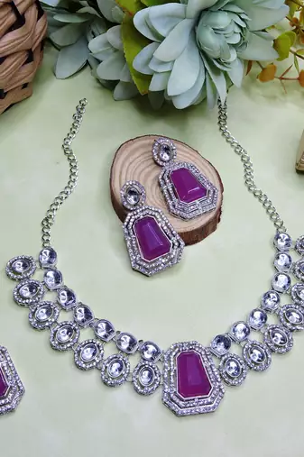 Purple rhodium premium designer american diamond and stone work necklace set