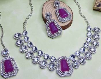 Purple rhodium premium designer american diamond and stone work necklace set 3