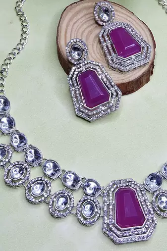 Purple rhodium premium designer american diamond and stone work necklace set