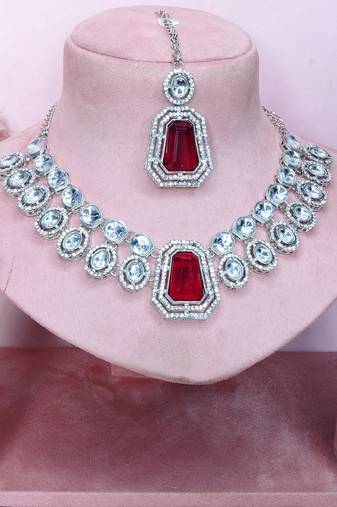 Maroon rhodium premium designer american diamond and stone work necklace set