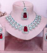 Maroon rhodium premium designer american diamond and stone work necklace set