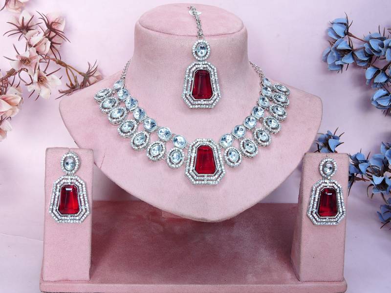 Maroon rhodium premium designer american diamond and stone work necklace set