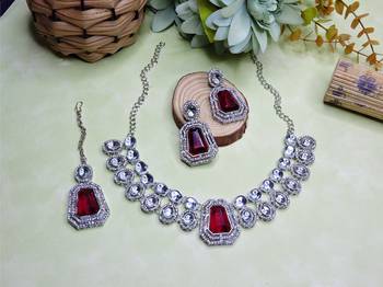 Maroon rhodium premium designer american diamond and stone work necklace set 2