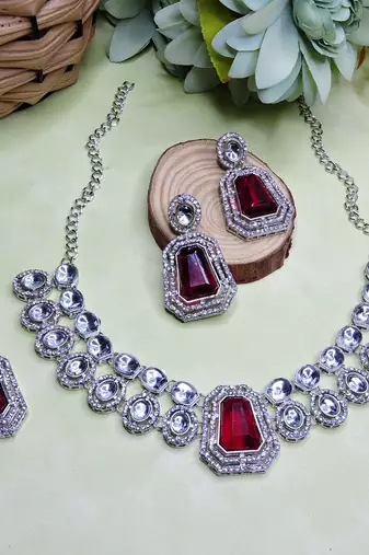 Maroon rhodium premium designer american diamond and stone work necklace set