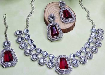 Maroon rhodium premium designer american diamond and stone work necklace set 3