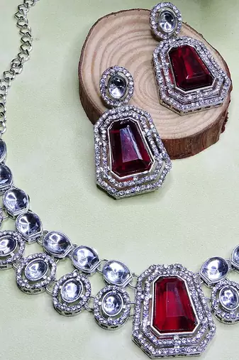 Maroon rhodium premium designer american diamond and stone work necklace set